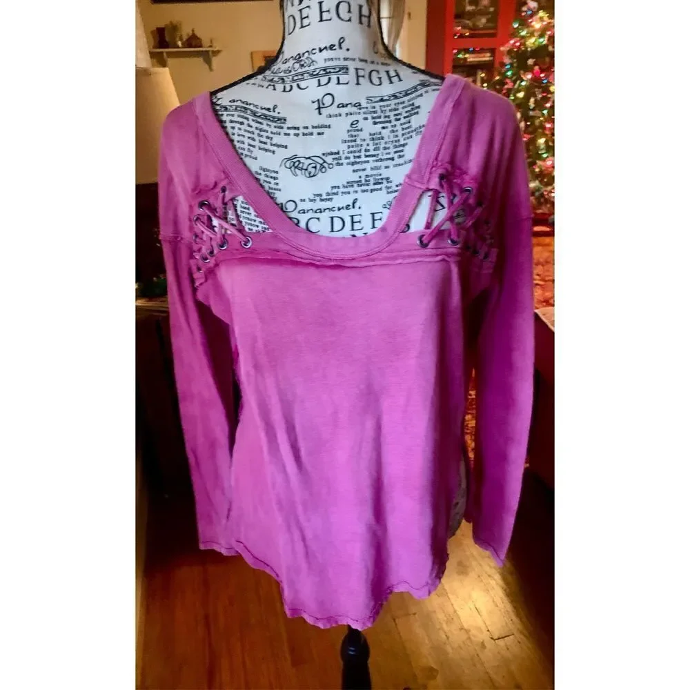 Free People Dark Pink Distressed Tee